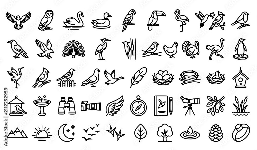Fototapeta premium Set of hand drawn bird icons and nature elements for birdwatching and wildlife observation vector illustrations
