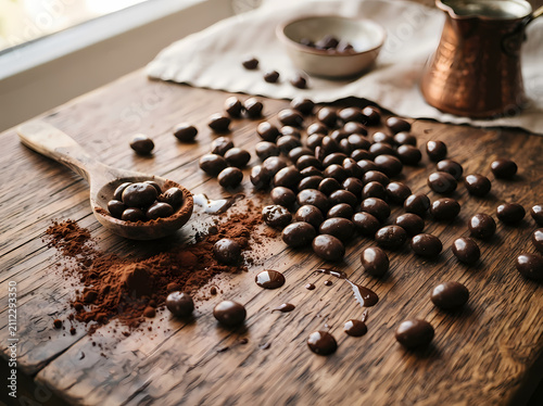 Roasted coffee beans on a rustic wooden table. Fresh dark coffee grains for brewing.