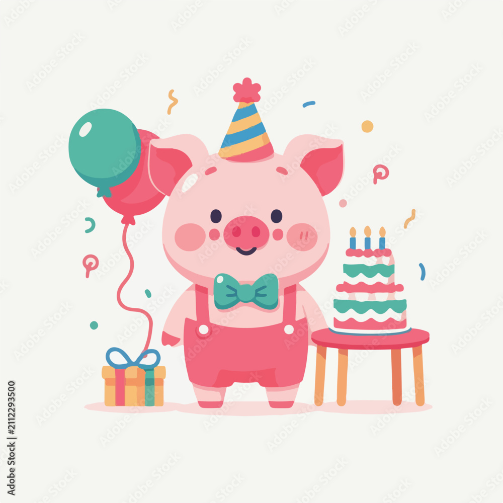 Fototapeta premium Cute Cartoon Pig Birthday Party with Cake, Balloons and Gift Vector Illustration