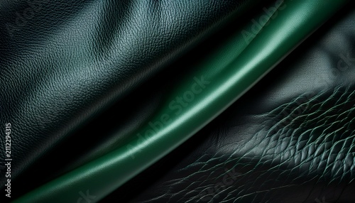 Realistic Dark Black And Green Luxury Leather Texture Background With Elegant Folds
