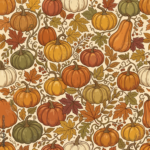 Autumn pattern with pumpkins and falling leaves illustration