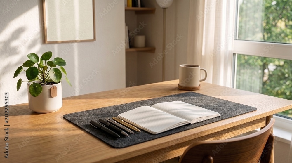 Fototapeta premium Minimalist home office desk setup with open blank notebook, pens, potted plant, and coffee mug in warm morning sunlight