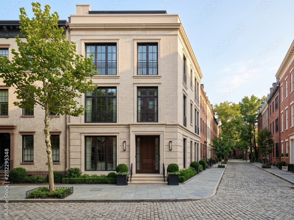 Obraz premium Corner light brick townhouse on cobblestone street in daylight