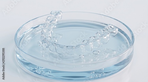 Clear plastic orthodontic retainers in a glass bowl with water, dental hygiene care, aligner cleaning routine