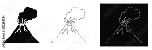 Volcano Eruption Icon Set - Erupting Volcanic Mountain Vector Illustration in Silhouette, Line Art, and Dark Mode Style
