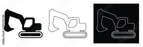 Excavator Icon Set - Heavy Construction Digger Vector Illustration in Silhouette, Line Art, and Dark Mode Style