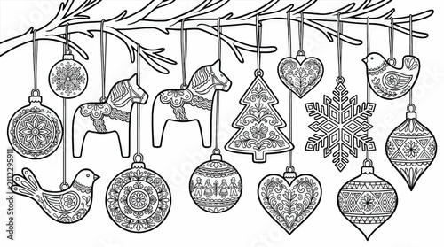 Black and White Coloring Page of a Collection of Intricately Detailed Christmas Ornaments Hanging from a Branch, Festive Holiday Decorations with Folk Art Patterns, Vector Illustration