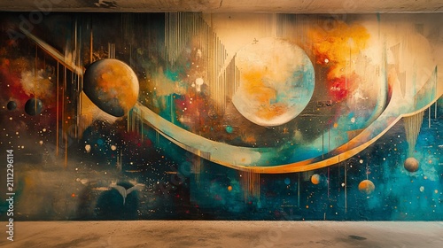 Vibrant cosmic mural featuring celestial bodies and abstract elements