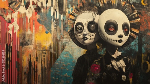 Surreal Dia de los Muertos Figures Amidst Abstract Urban Decay