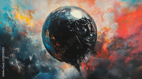 Abstract planetary artwork with dark sphere and colorful cloudscape