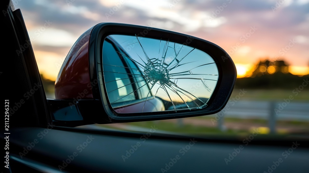 Fototapeta premium Broken car side mirror with cracked glass reflecting sunset