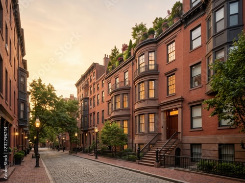 Brick row houses along cobblestone street with bay windows