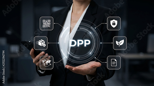 Digital Product Passport DPP concept businesswoman holding virtual icons