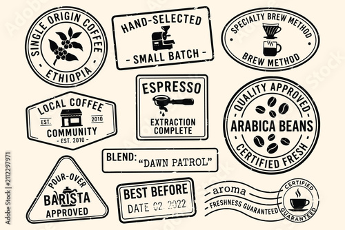 Tableau sur toile Collection of vintage distressed coffee stamps and labels featuring various brew