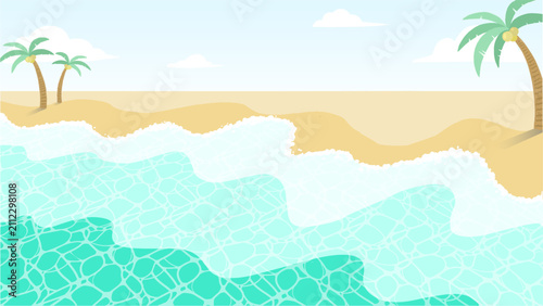 Summer ocean beach landscape with turquoise waves, golden sand and palm trees