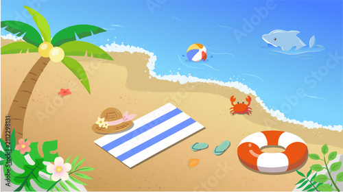 Tropical summer beach background with dolphin, lifebuoy, mat, crab and palm tree
