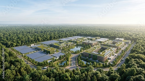 Aerial View of Modern Eco-Friendly Business Campus Surrounded by Lush Green Forest Landscape