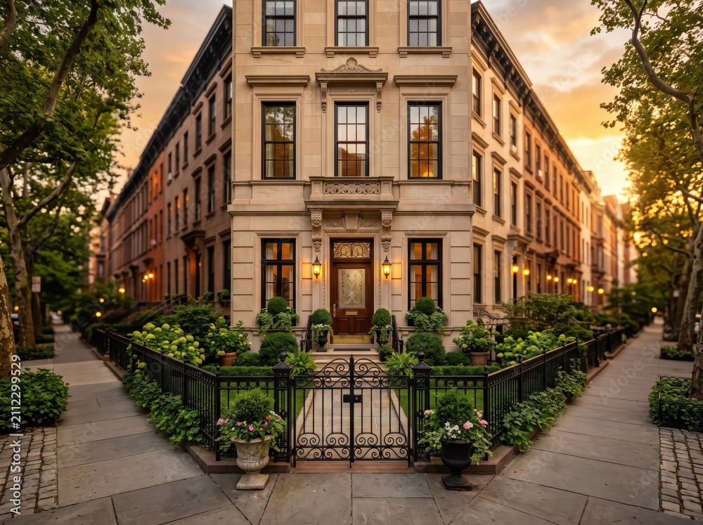 Fototapeta premium Corner townhouse with iron gate and front garden