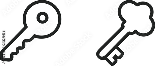 Two simple black outline icons of keys isolated on a white background representing security access safety and unlocking home doors