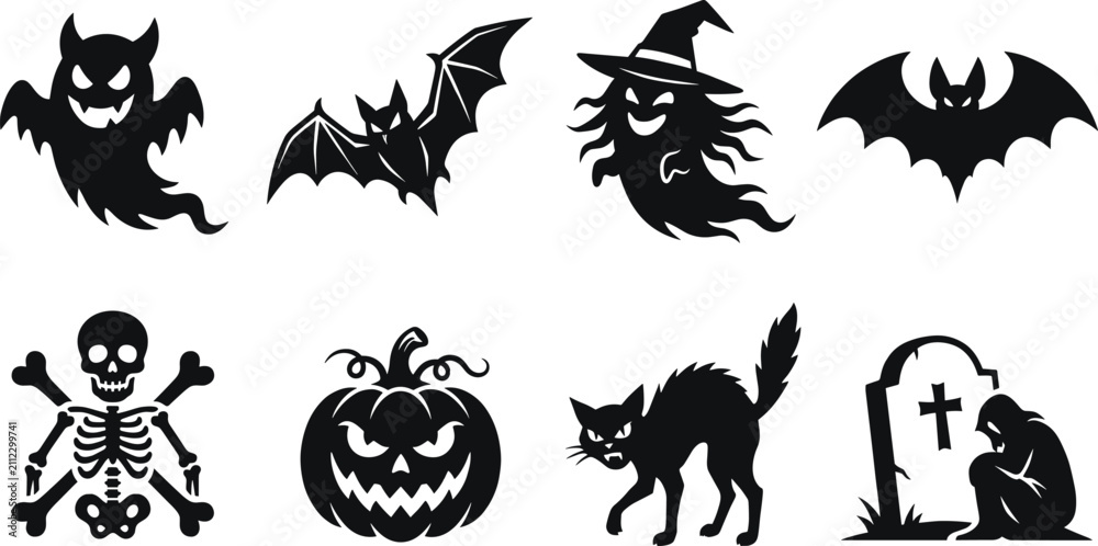 Fototapeta premium Halloween Horror Silhouette Icon Set with Ghost Bat Witch Pumpkin Skeleton and Black Cat