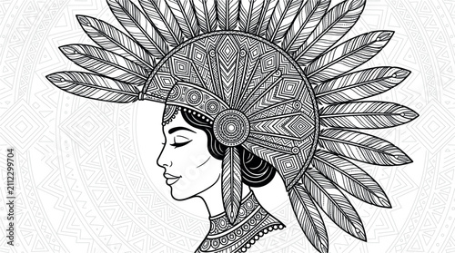 Cuadro en lienzo Beautiful native American woman profile in detailed feather headdress coloring page for adults relaxation and anti stress vector illustration