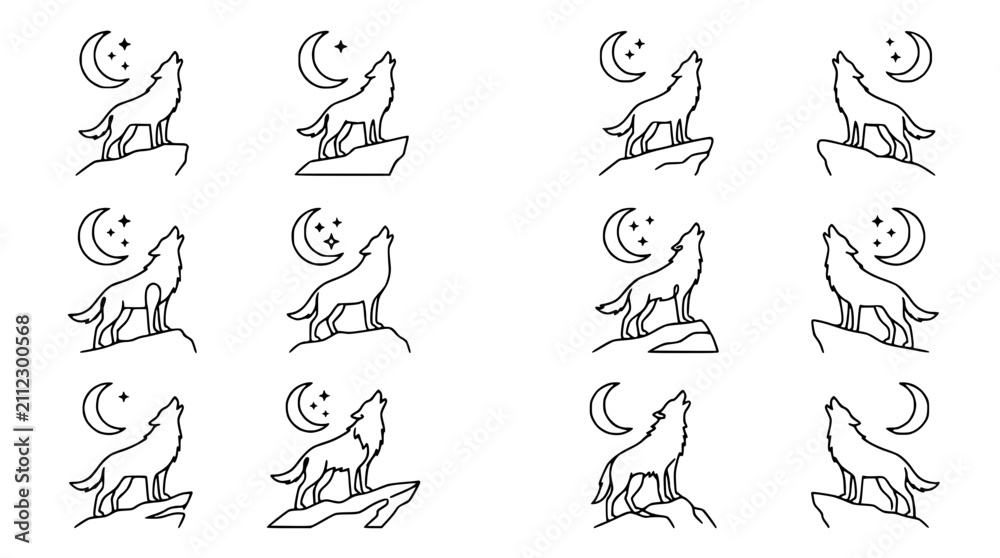 Fototapeta premium Wolf Howling Moon Icon Set - Line Art Collection