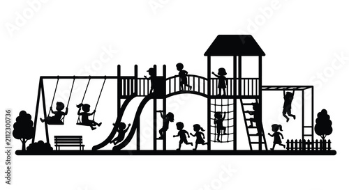 Quadro su tela Playground Scene With Children And Equipment Black Silhouette