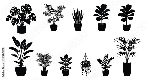 Canvastavla Assorted Potted Plants In Black Silhouette Style