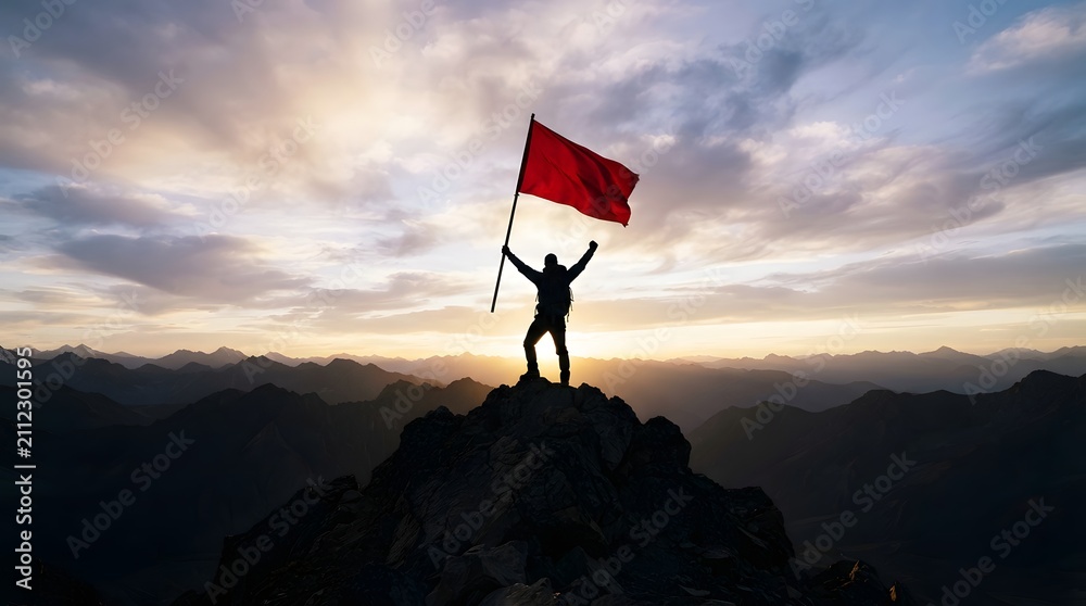 Obraz premium A triumphant hiker standing on a mountain peak holding a red flag during the sunset to celebrate the national day of china holiday