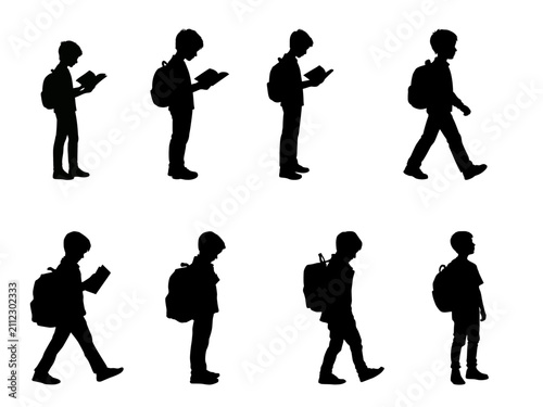 School boy silhouettes with backpack and book, set of 8 student vector icons, primary school child walking and reading, back to school education concept
