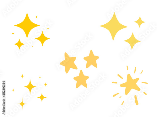 Sparkling yellow star icons set, hand drawn magic twinkle elements vector, golden glitter sparkle symbols for festive decoration and celebration