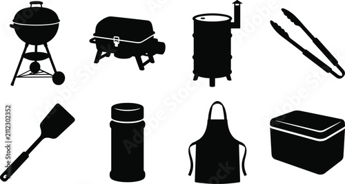 Black silhouette icons set of barbecue grill tools and equipment for outdoor cooking
