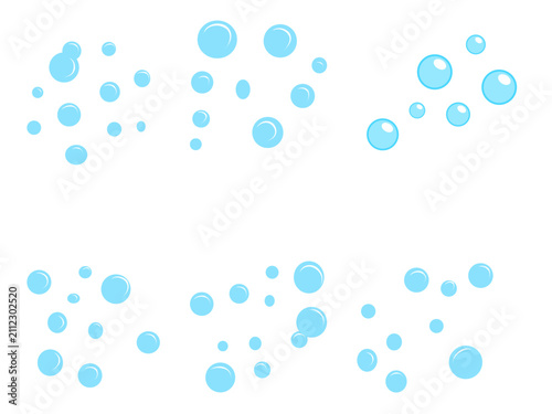 Light blue water bubbles set, floating soap bubble clusters on white background, underwater oxygen fizz vector elements for hygiene and beverage design