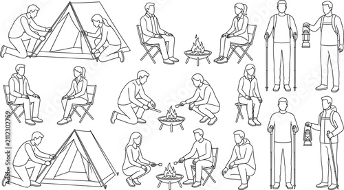Camping and Outdoor Hiking Vector Line Art Illustration Set with Tents Campfire and Hikers