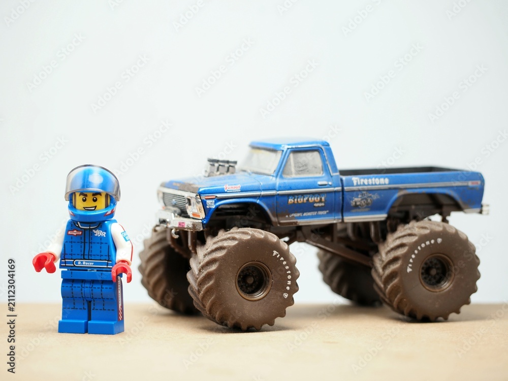 Fototapeta premium Indonesia - May 3, 2023 : Mini toy at table with blurred background. Monster Jam car concept design