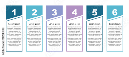 Minimalist business infographic layout featuring six vertical columns with colored header tabs numbers and structured placeholder text description blocks