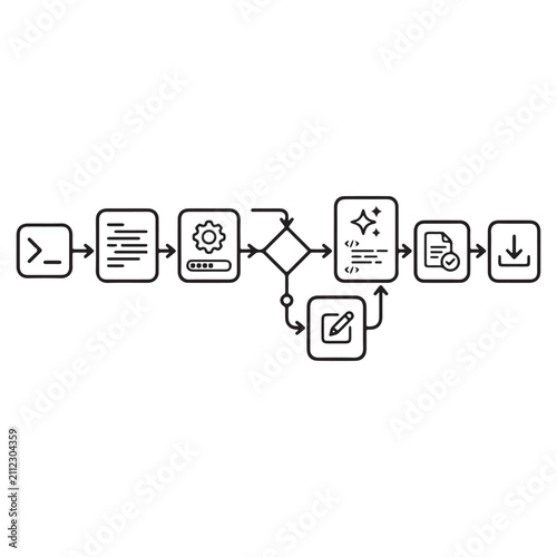 Minimalist Black and White Flowchart Diagram with Digital Process Icons
