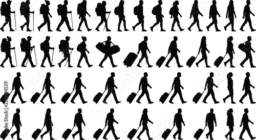 Hikers Backpackers and Travelers Walking Silhouettes Vector Collection Isolated on White Background