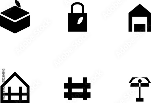 Set of six minimalist icons featuring gift box with ribbon house lock fence and street lamp symbols