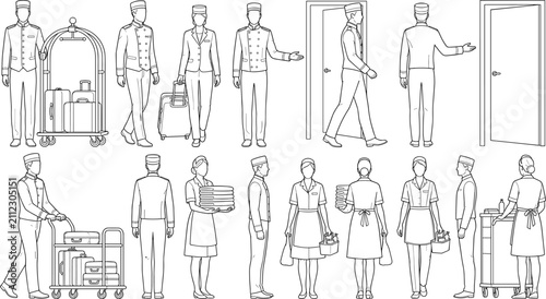 Hotel Staff Line Art Vector Set Featuring Bellhop Housekeeping Maid Luggage Trolley and Service Poses