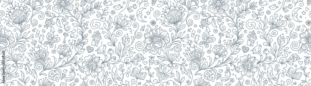 Fototapeta premium Delicate Floral Line Art Seamless Pattern