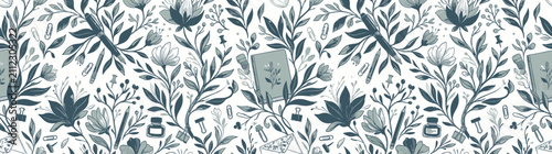 Принти на полотні Botanical Sketch Pattern with Writing Tools
