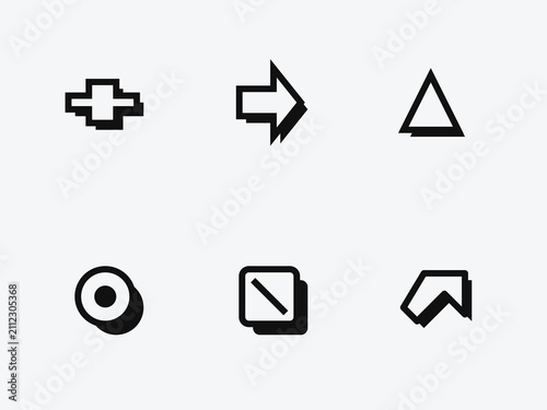 Set of six minimalist geometric icons featuring arrow cross plus triangle and square shapes on clean white background