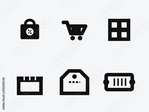 Set of six minimalist icons representing shopping payment and retail concepts with clean line art design