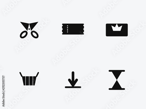 Set of six minimalist icons featuring scissors paper crown chair arrow and cross symbols in simple black line art style