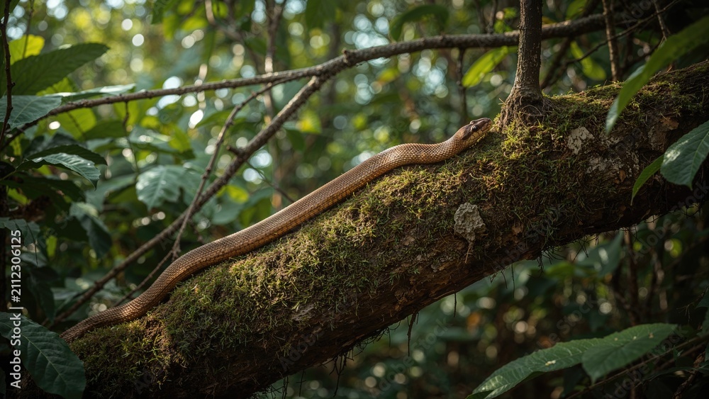 Fototapeta premium A snake on a tree branch in a dense green forest.