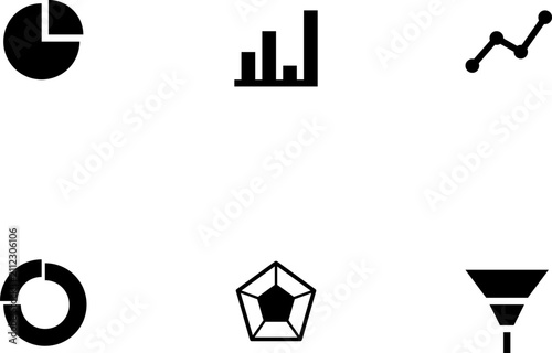 Set of six minimalist icons representing statistics charts and data visualization concepts on clean white space