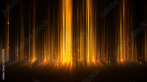 Golden light trails flow vertically in a dark space creating an abstract scene with smooth lines