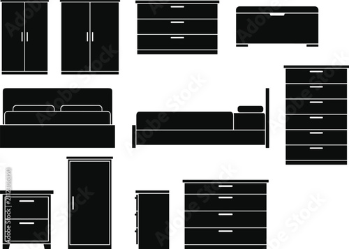 Modern Bedroom Furniture Silhouette Vector Set Isolated on White Background for Interior Design
