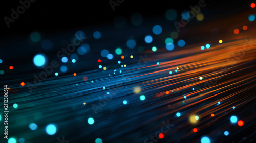 Colorful optical fiber bundle showing bright strands and neon dots against dark background